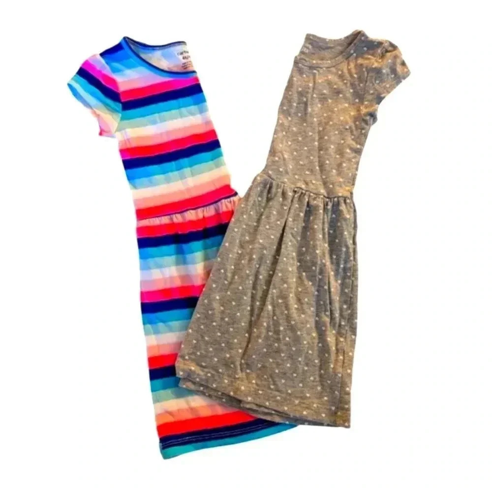 Carter's Set of 2 Girl Dresses Hearts Gray And Colorful Stripe SZ 4T Cotton
